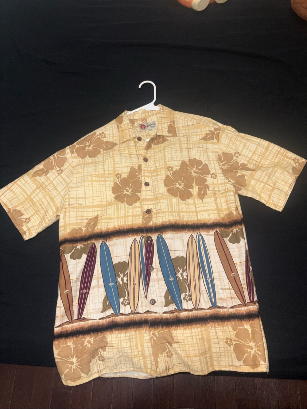 Hilo Hattie Beige Hawaiian Shirt with Multicolor Surfboard Border